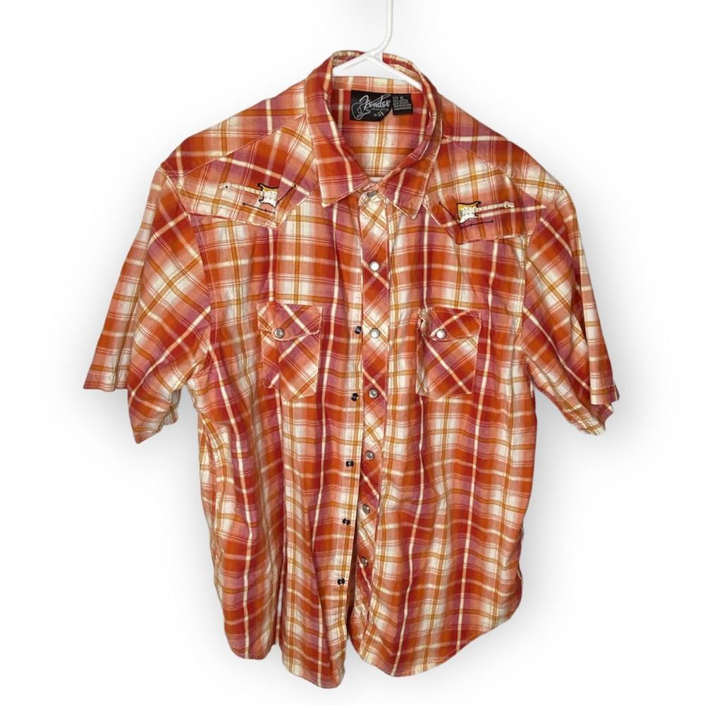 Fender by davinci short sleeve plaid shirt embroidered guitars pearl snaps XL co